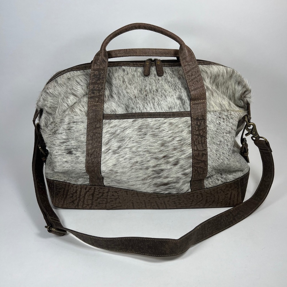 Myra Bag Cowhide Leather Weekender Duffel Bag Western Travel Carry On Brown Gray